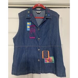 Vintage Saint Germaine Paris Artsy Wearable Art Embroidered Denim Vest XL